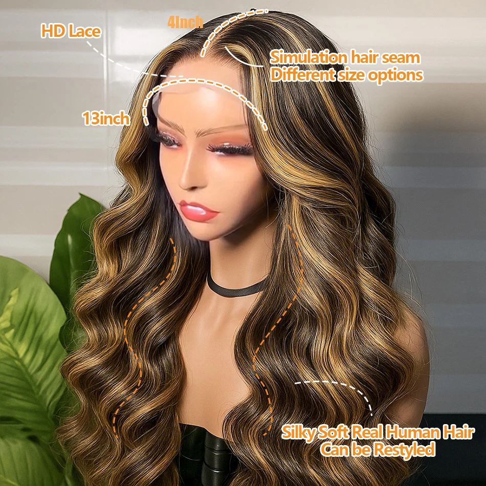 ボディウェーブ 4/27 ハニーブロンド オンブレブラウン カラーレースフロントウィッグ 13x4 ブラジル人毛 透明レースフロントウィッグ 女性用