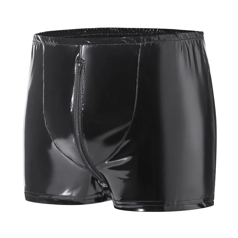 Sexy Zipper Boxer Hot Man Underwear PVC Faux Leather Briefs Gay Rear hollow Shorts Black Wetlook Male Performance Underpants