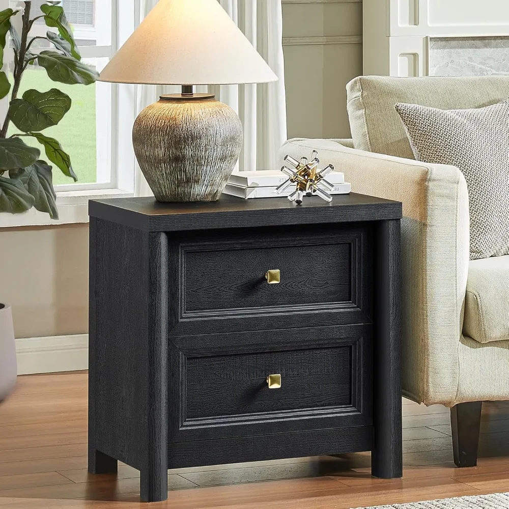 منضدة سوداء ريفية ذات درجين مع مقابض معدنية ذهبية لغرف النوم على طراز المزرعة