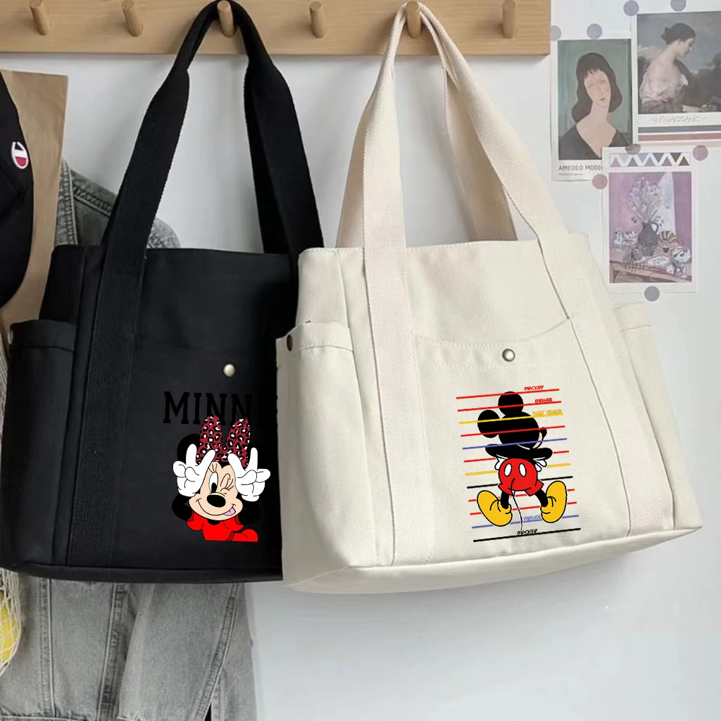 Mickey Minnie Mouse Tote Bag Commuter Large Capacity Multi Pocket Shoulder Bags Simple Anime Cartoon Women Canvas Handbags Gift