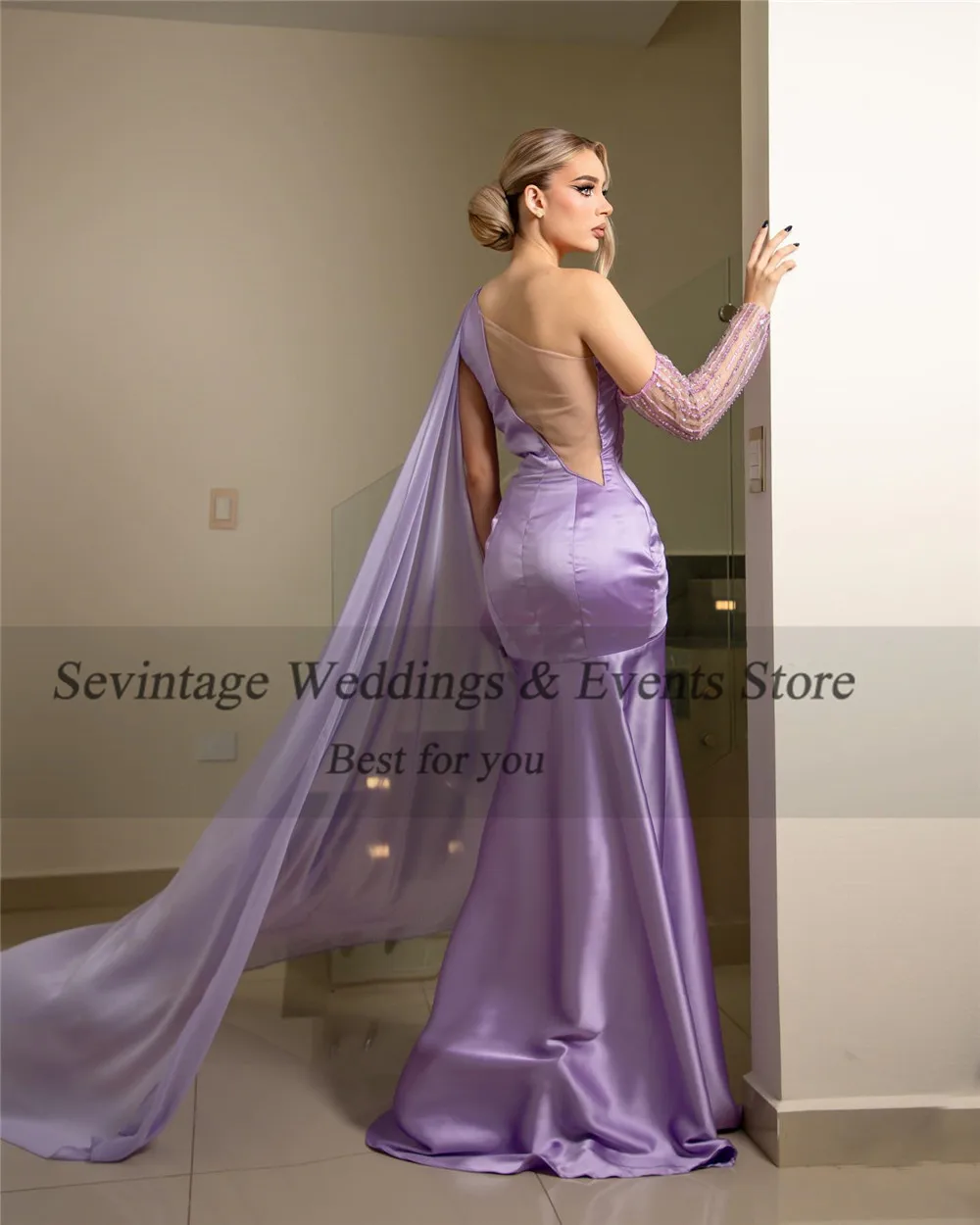 Sevintage moderne Lavendel Satin Ballkleider Meerjungfrau eine Schulter mit Cape Plissee rücken freie Party kleider Abendkleider Outfits