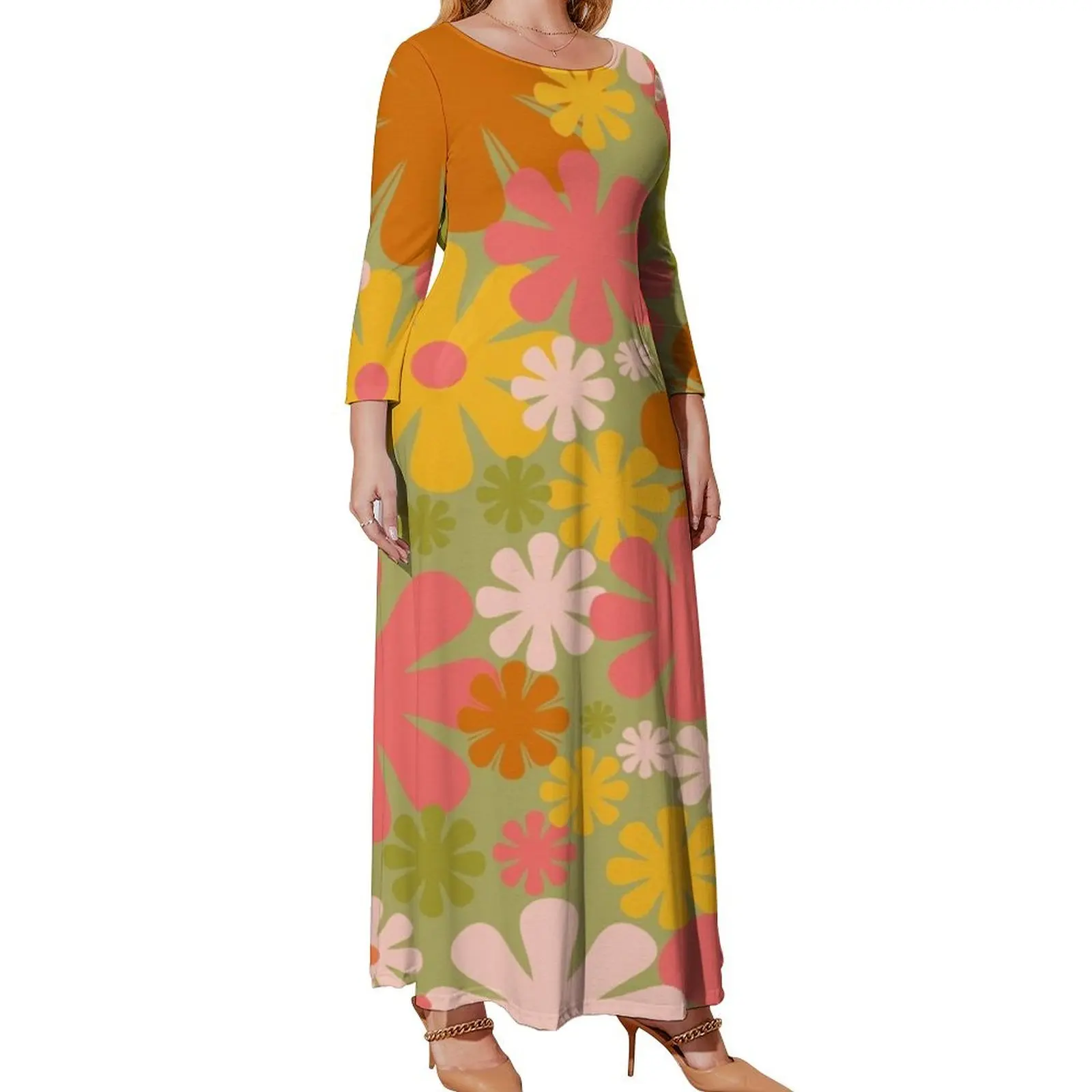 

Женское вечернее платье в стиле ретро, зеленое, розовое, желтое, оранжевое платье с длинным рукавом и цветочным принтом в стиле 60-х годов