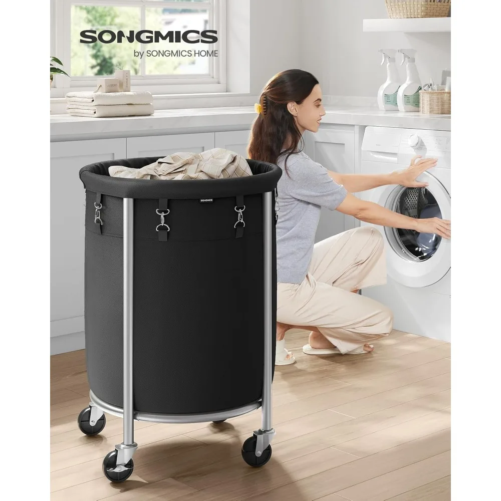 Laundry Basket with Wheels, Rolling Laundry Hamper, 29 Gal., Round Laundry Cart with Steel Frame and Removable Bag, 4 Casters