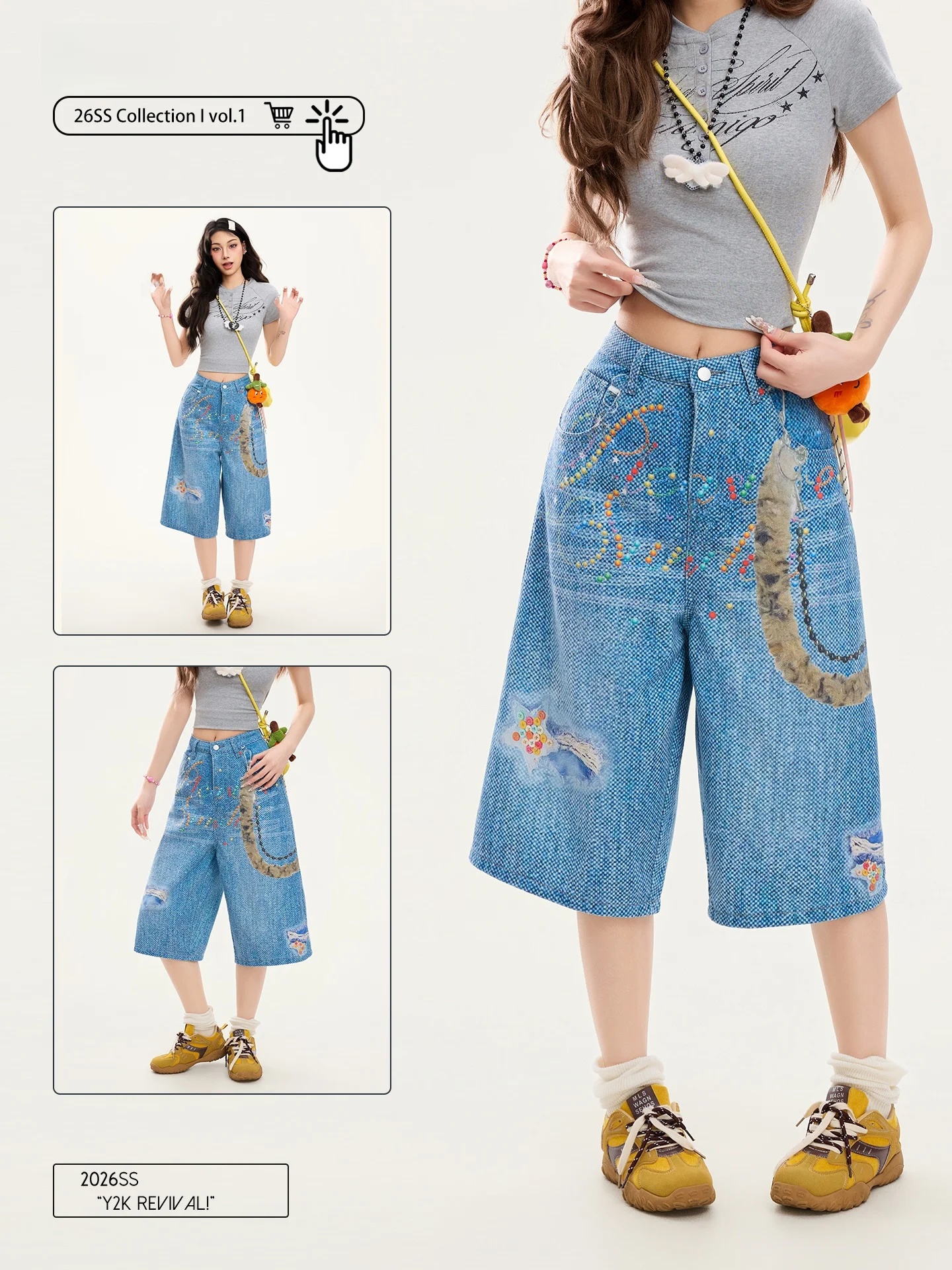 

PBB American Retro Digital Print Plaid Wide Leg Seven-Foot Pants Women Loose Straight Tube Jeans High Waist Denim Blue Cotton