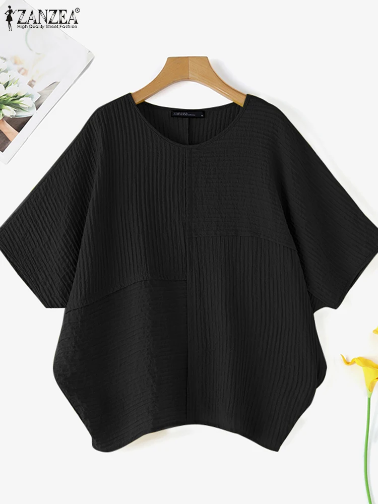 ZANZEA Korean Fashion Solid Color Tops Women Bat Half Sleeve Blouse Casual Texture Fabric Tunics 2024 Summer Loose Female Blusas