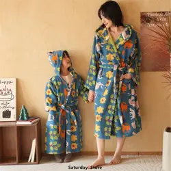 Cotton Bathrobe Parent-child Set Hooded Floral Patter Yarn Dyed Cotton Soft Soft Absorbent Bath towel Robes V Neck Hooded Loose
