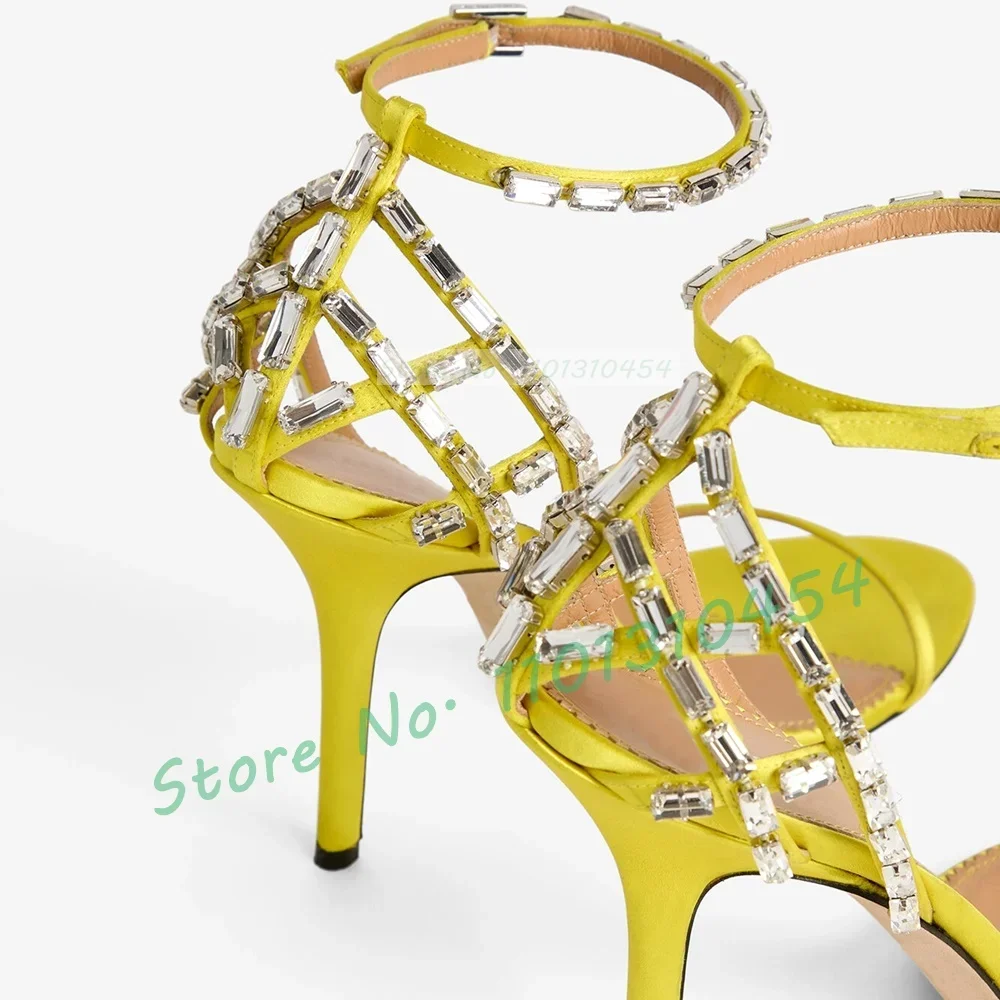 

Yellow Crystal Cage Satin Sandals Women Luxury Cross Strap Cover Heel Stiletto Sandals Summer Elegant Ladies Outfit Party Shoes