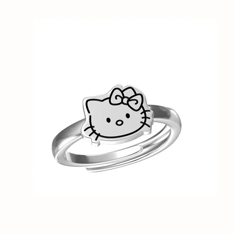 Sanrio Kawaii Hello Kitty Ring Cartoon Adjustable Rings Anime Hello Kitty Jewelry Silvery Ring Versatile for Girl Birthday Gifts