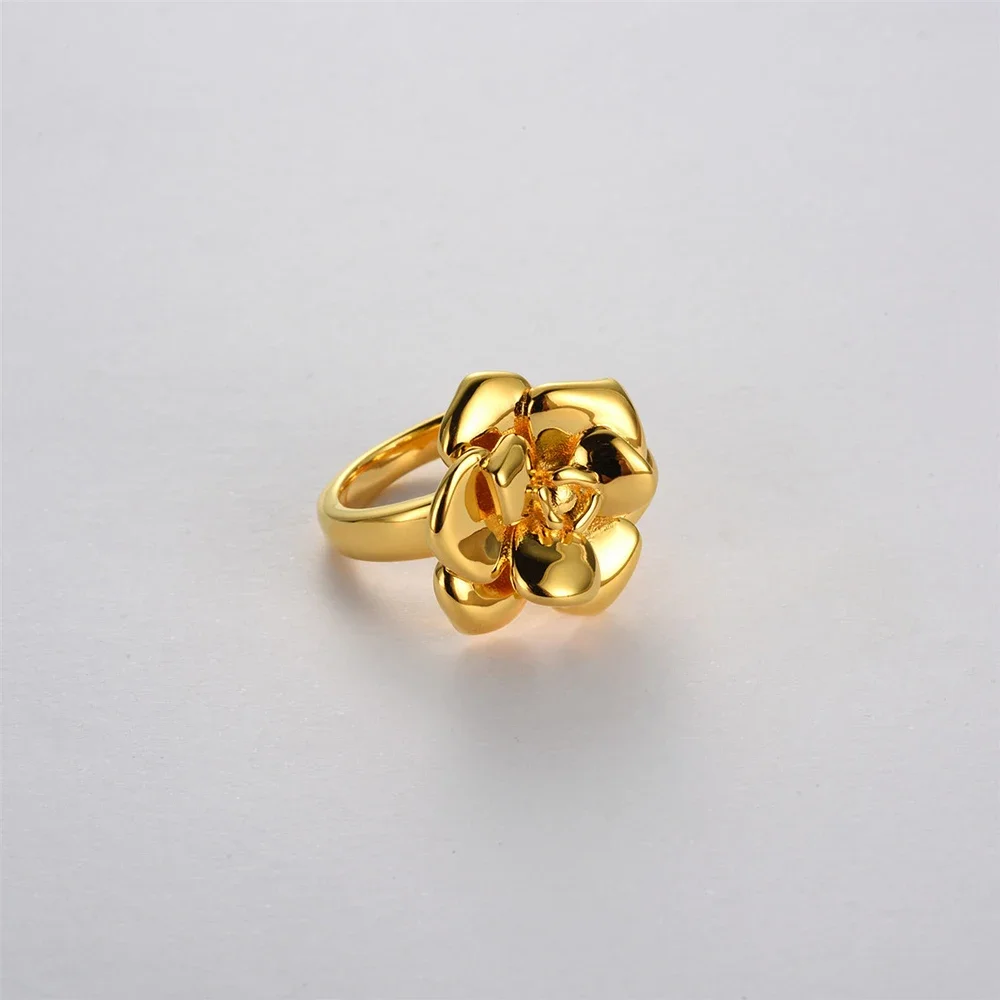 Creative Gold Color Rose Ring for Women 18K Stainless Steel Metal Sculpture Flowers Finger Ring Vintage Waterproof Charm Jewelry