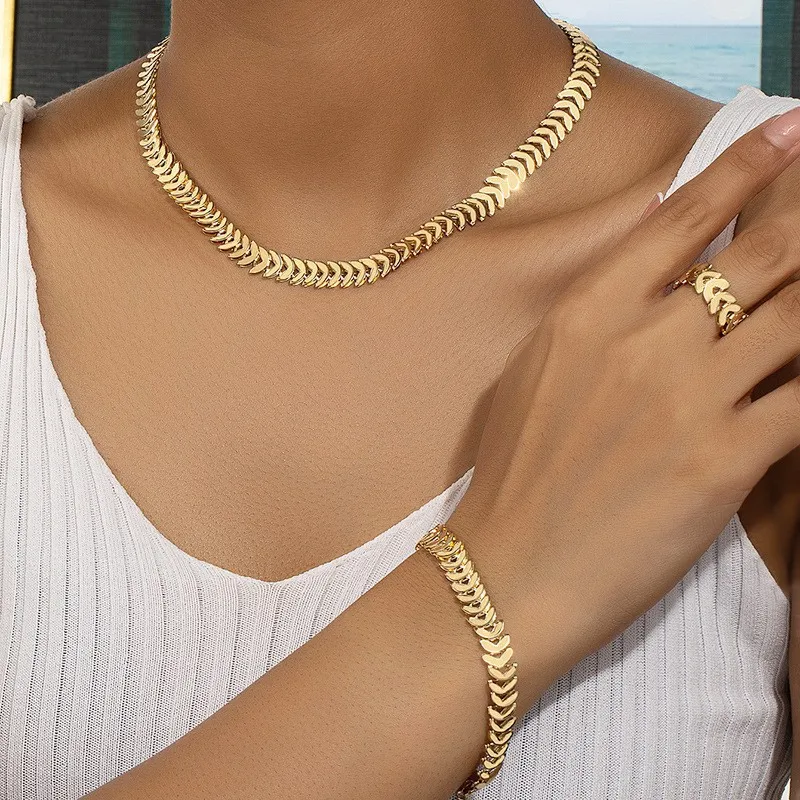 

Vintage Simple Gold Color Wheat Arrow Chain Bracelet Ring Necklace Set for Girls Women Fashion 3-piece Set Jewerly Party Gift