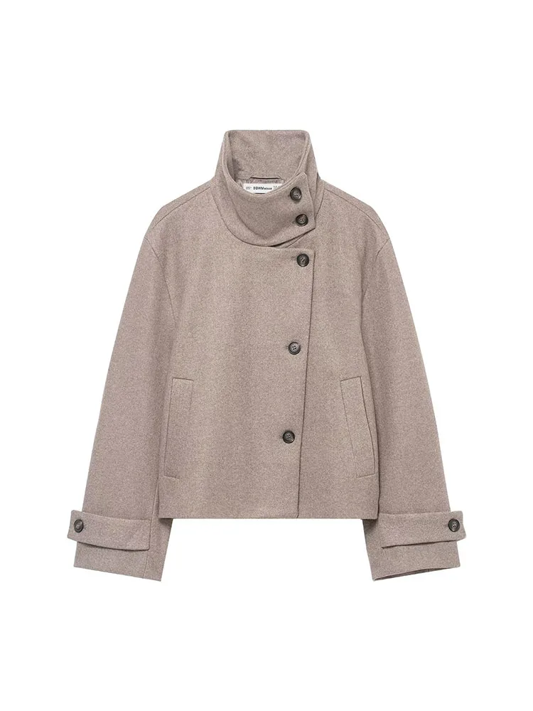 

2025 Women Autumn Winter Wool Blends Coats Casual Solid Stand Collar Single Breasted Female Elegant Street Outerwear Clothing