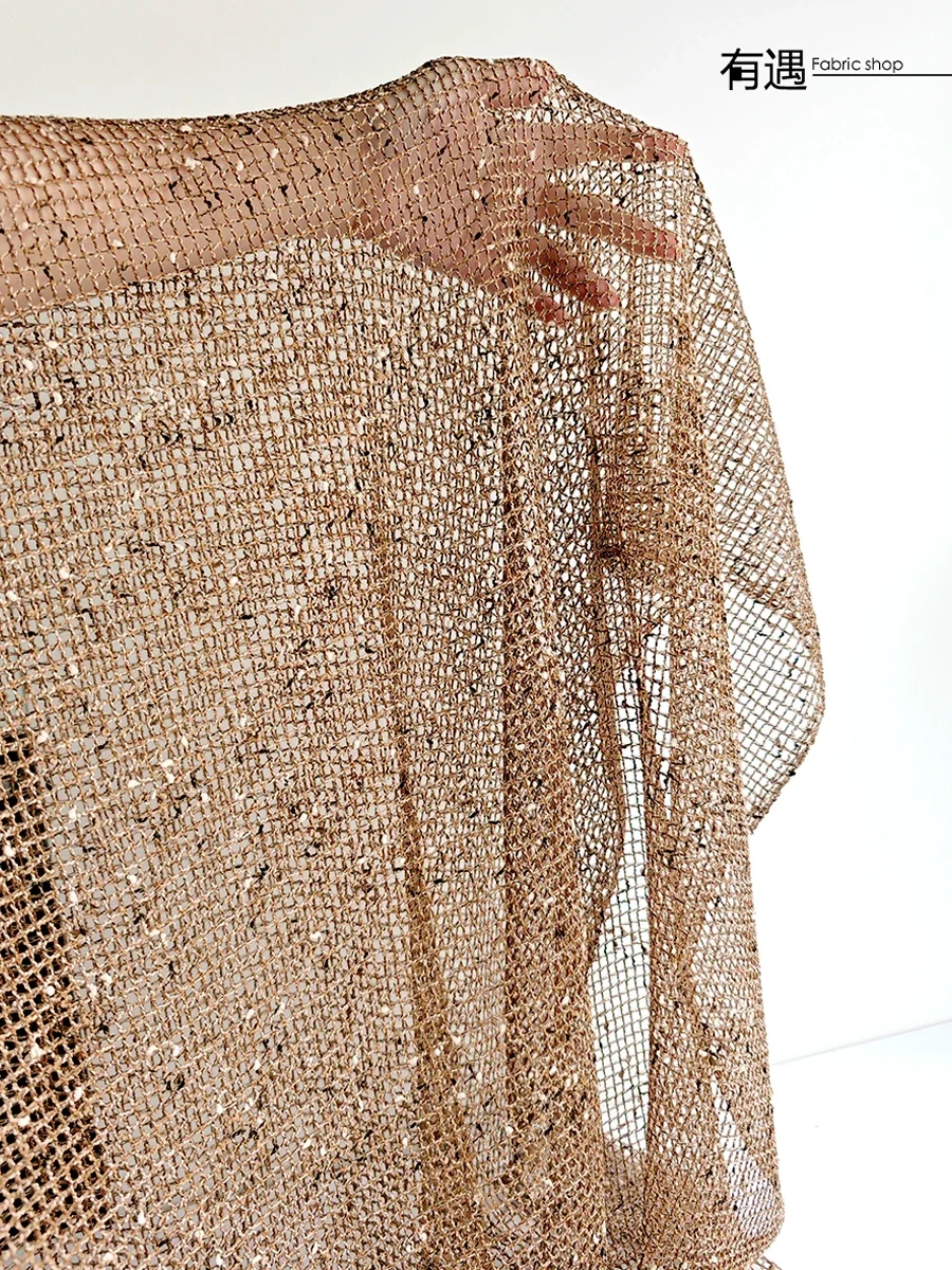 Caramel Brown Woven Mesh Cloth, Multi-color Woven Mesh Fishing Net Cardigan Dress IDY Clothing Designer Fabric