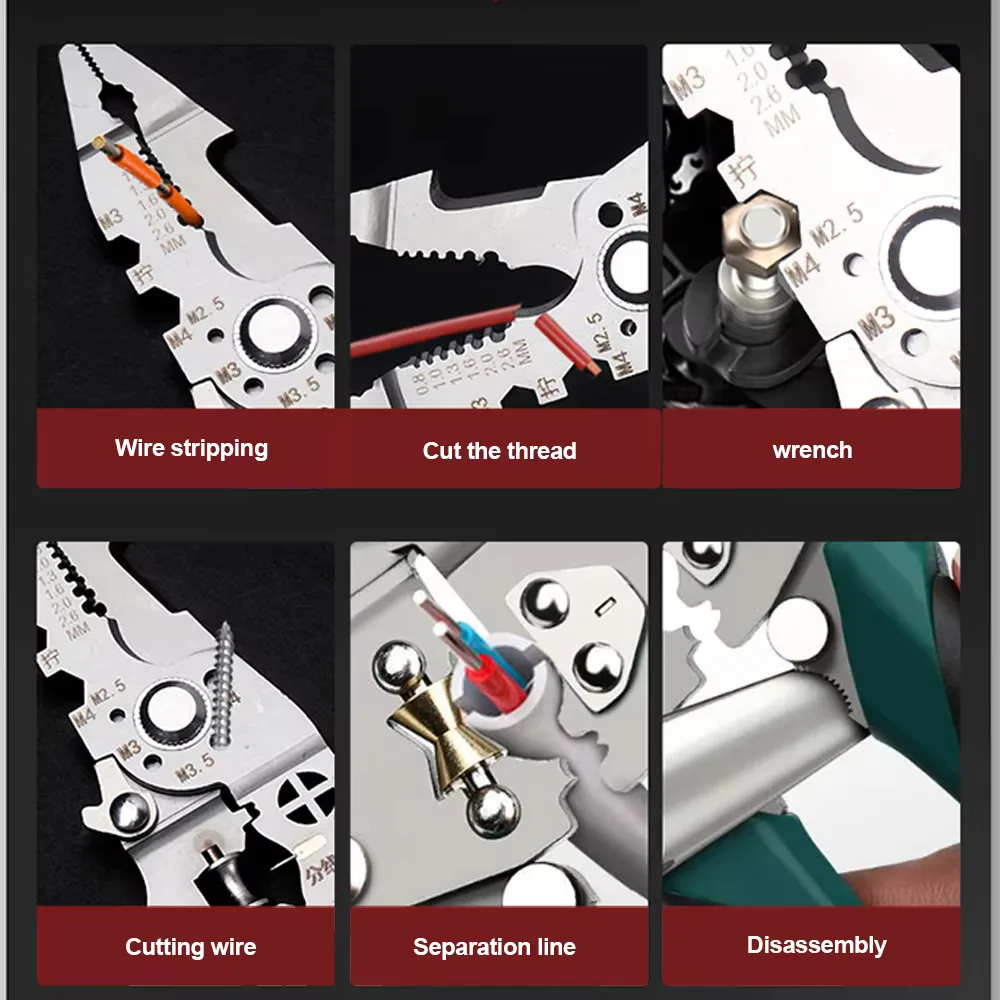 Multifunctional folding electrician wire stripping and cutting pliers, wiring pliers, wire splitting and crimping pliers