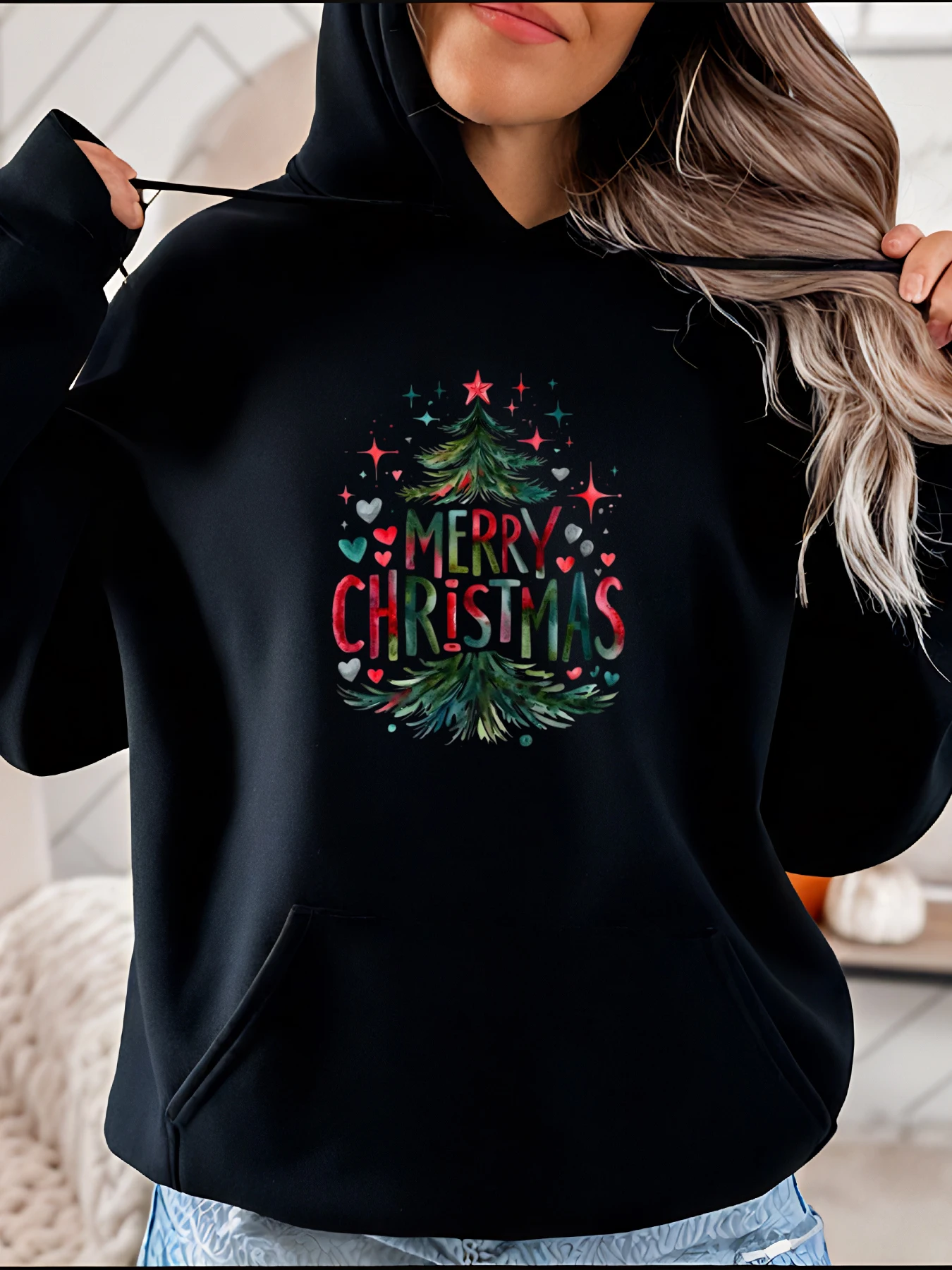 

Толстовка с принтом рождественской елки, повседневный праздничный дизайн со звездами, сердечками и сосновыми ветвями, женская зимняя праздничная одежда
