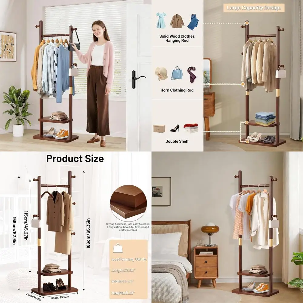

Стильная деревянная вешалка для одежды с крючками из полимерной смолы, регулируемая и прочная, для гостиной или спальни (23.6x11.4x62.6 дюймов)
