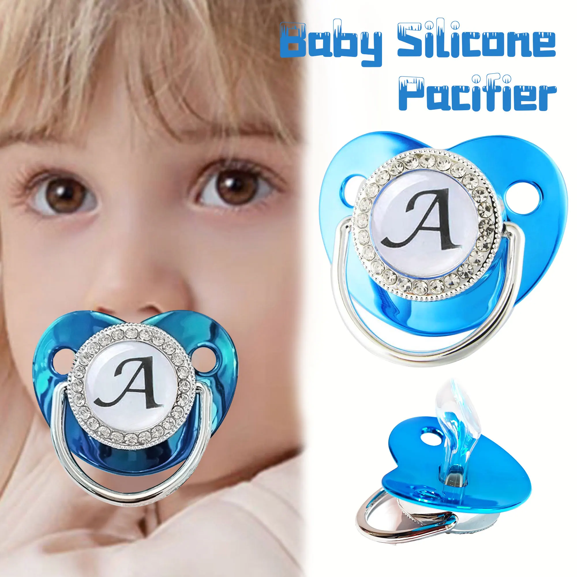 New blue 26-letter metal soother with dust cap Drilled pacifier photo accessory Baby teether toy without chain