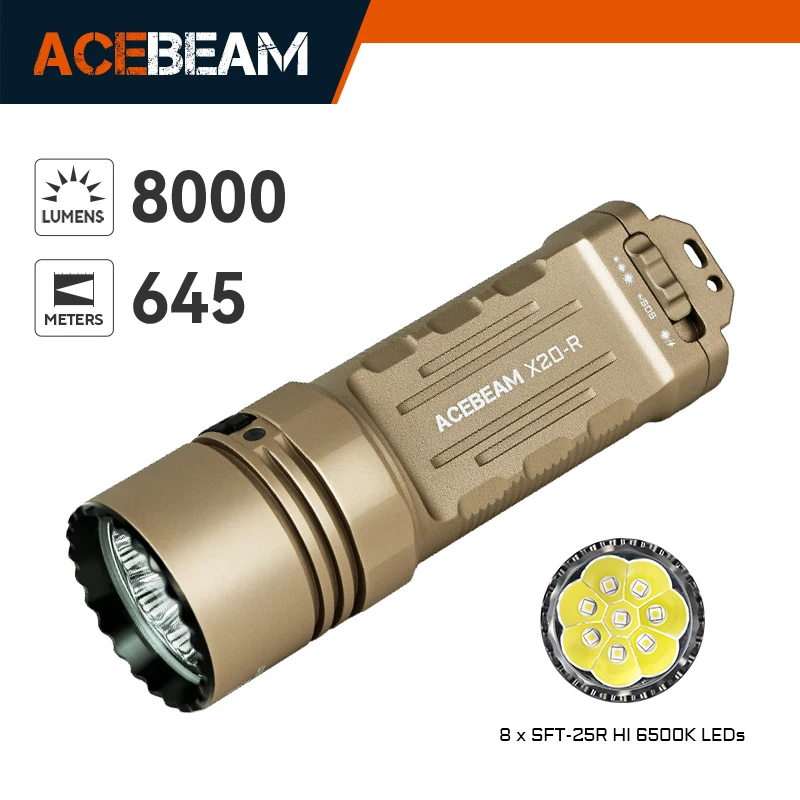 ACEBEAM X20-R مصباح يدوي تكتيكي عالي الإخراج SFT-25R led 8000 لومن 645 متر مع مفتاح تبديل الذيل شعلة شحن USB-C
