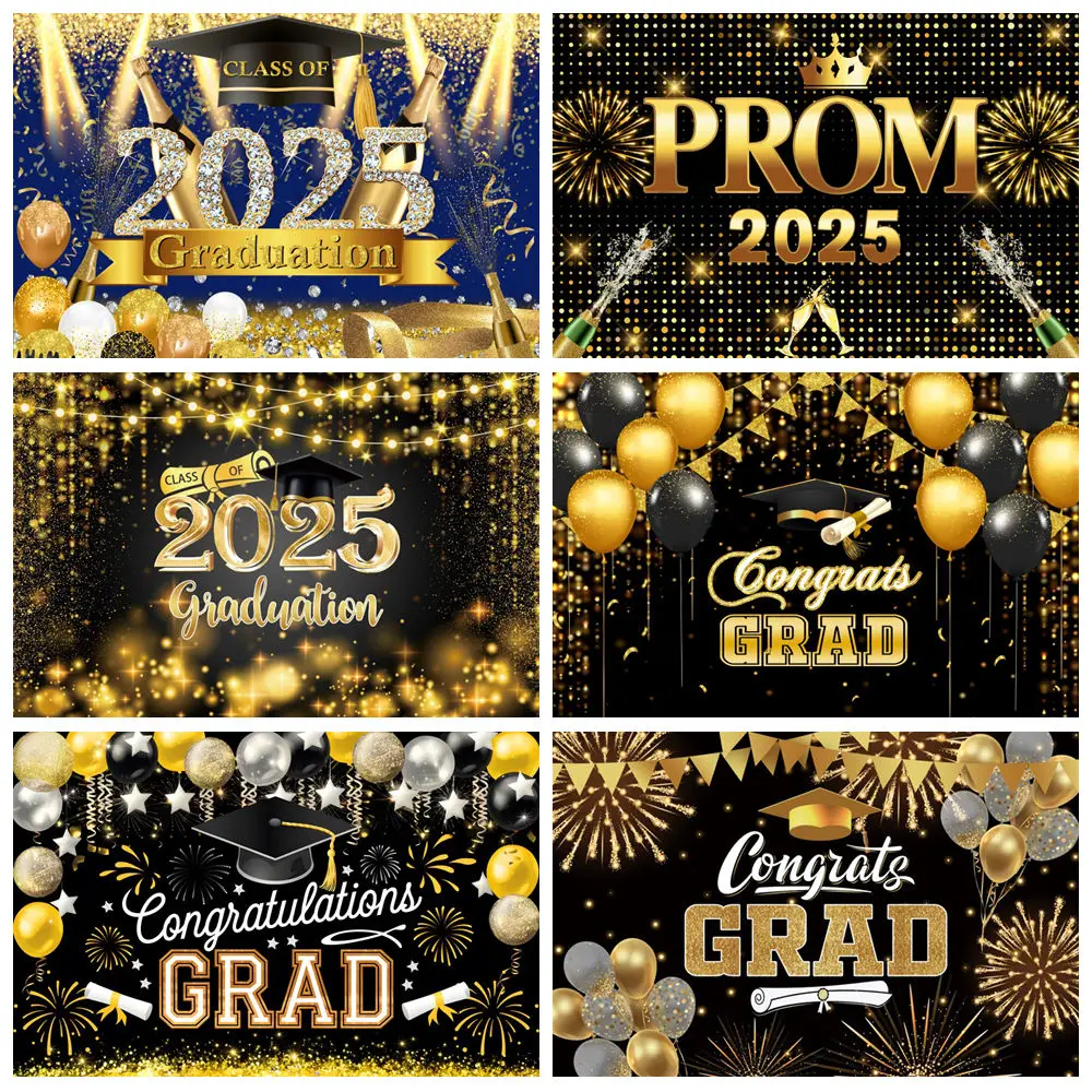 

Class Of 2025 Graduates Backgrounds For Photographs Bachelor Cap Gold Black Balloons Graduates Party Background Decor Photobooth