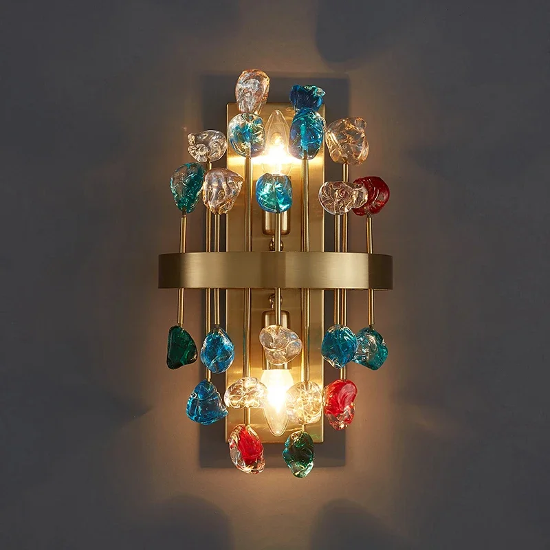 Color Crystal LED Wall Sconce Modern Gold Mirror Lamp Bedroom Bedside Living Room Home Decoration Indoor Lighting Fixtures