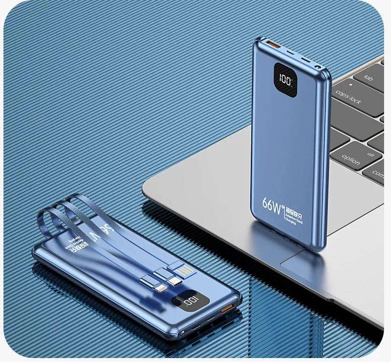 

Wholesale 66W Fast Charging with Its Own Cable Power Bank 20000mAh 30000mAh Large Capacity Ultra-thin BCAK Mobile Power Supply