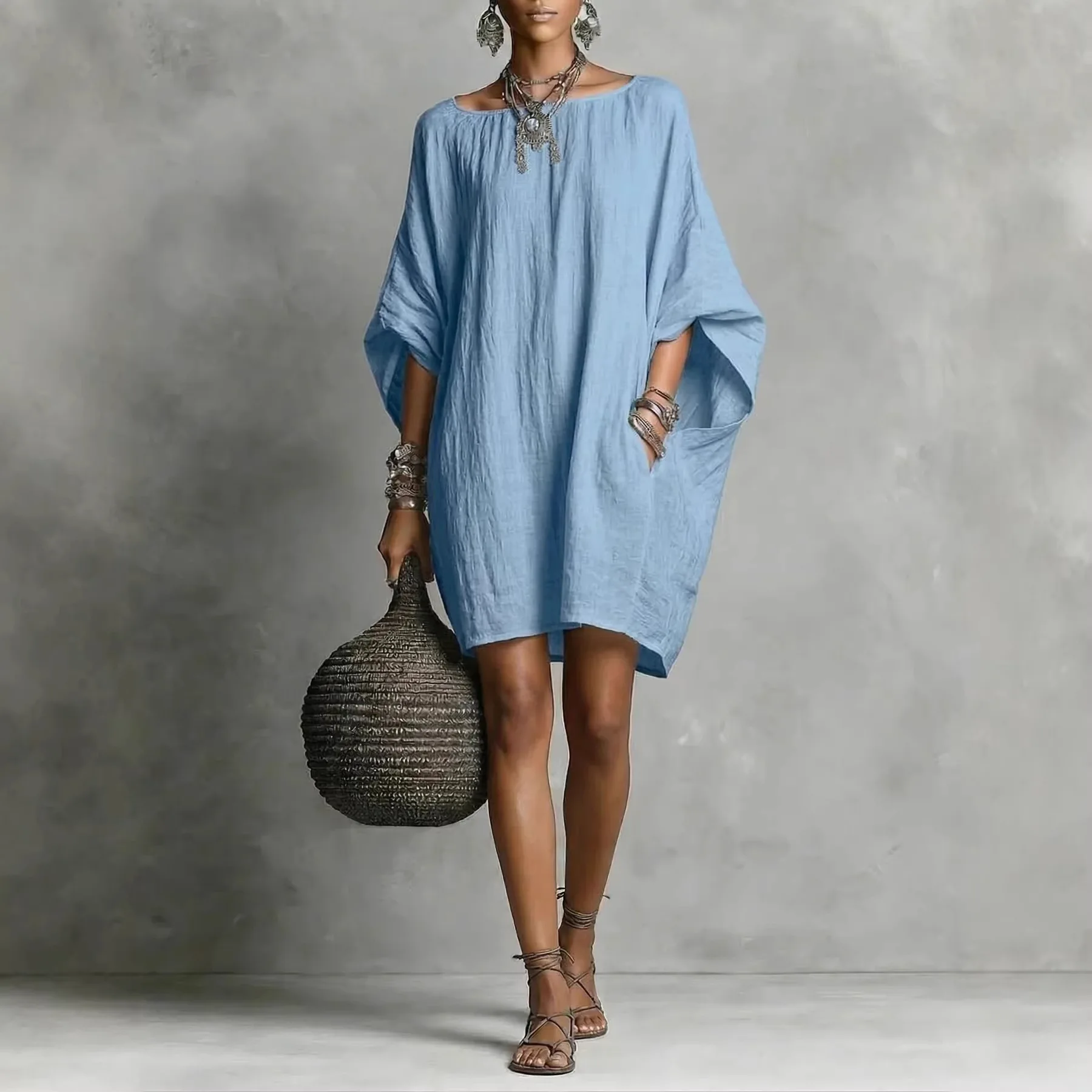 

Vintage Cotton Linen Dress Women Spring Summer Batwing Sleeve Midi Dresses Loose Fit Bohemian Maxi Dress Clothes