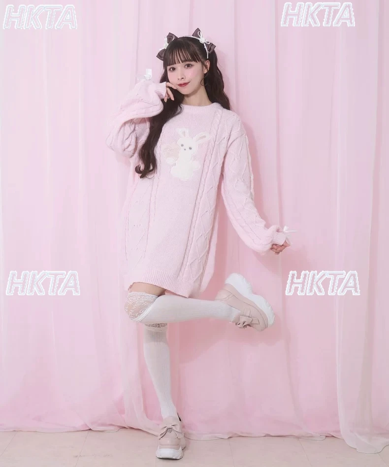 Estilo japonés Patchwork dibujos animados lindo conejo esponjoso suéter de punto vestido de mujer 2025 invierno nuevo dulce Lolita suéteres de longitud media