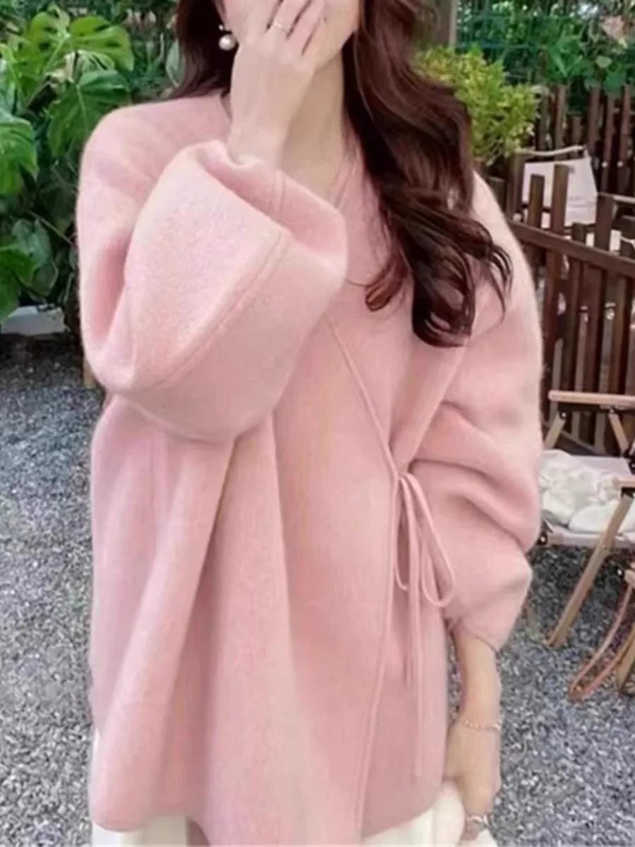 Damen gestrickte offene Strickjacke mit Gürteldesign Laterne Sve Frühling Herbst Faionable Casual Sle Korean Loose Fit Long Sve