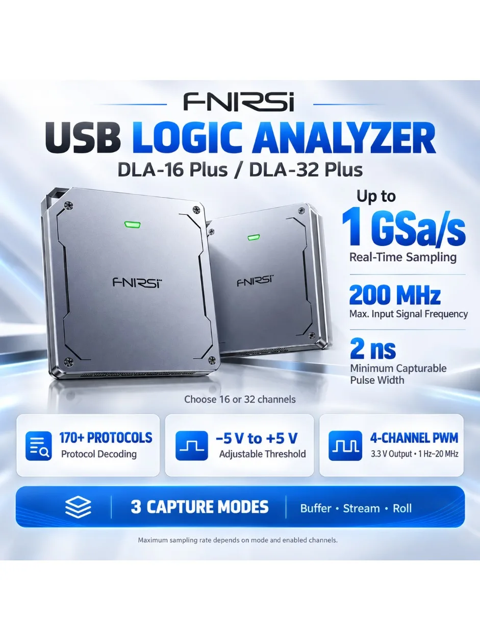 FNIRSI DLA‑16/32 Plus Analizator Logiczny USB3.0 16/32-kanałowy, próbkowanie 1GHz, bufor 4Gbit, dekoder ponad 120 protokołów, wbudowane narzędzie do debugowania — 2