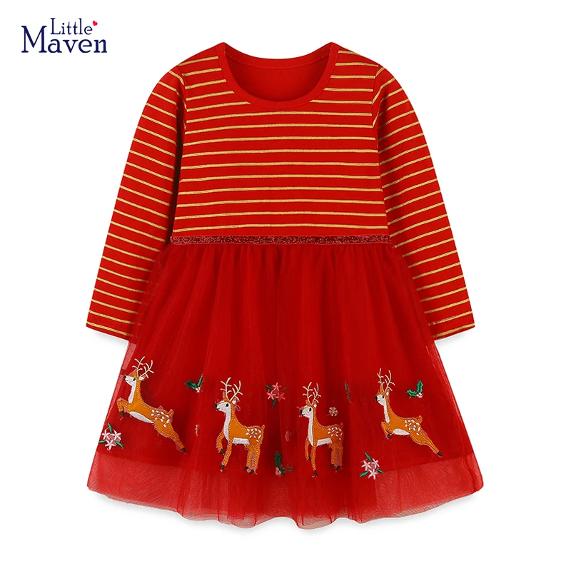 Little Maven Neonate Rosso Abbigliamento per bambini Autunno Abbigliamento per bambini Cartoon Cervi di Natale Maniche lunghe Abito a rete in cotone