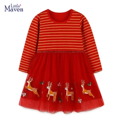 Little Maven Neonate Rosso Abbigliamento per bambini Autunno Abbigliamento per bambini Cartoon Cervi di Natale Maniche lunghe Abito a rete in cotone