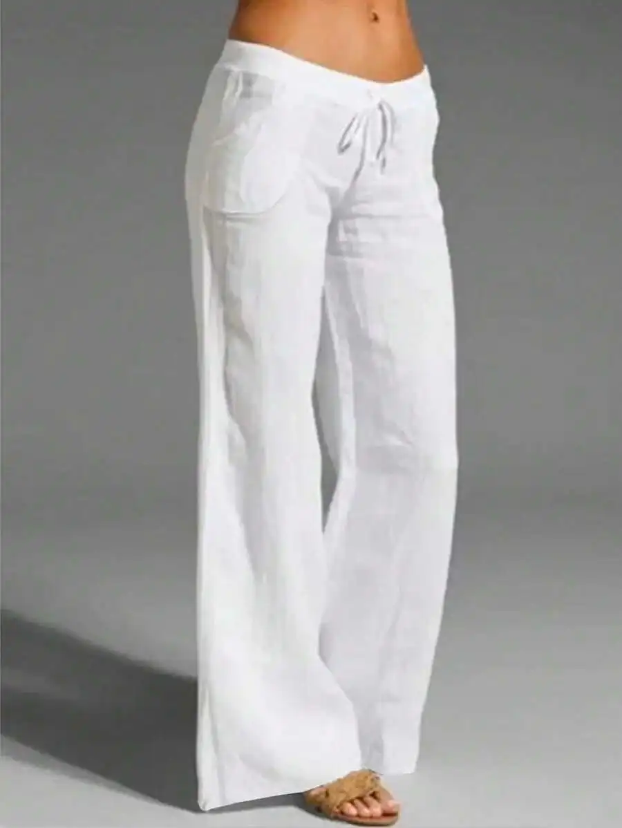 

Women's Solid Drawstring Waist Wide Leg Pants - Lightweight Cotton Linen Blend, Casual Loose Fit