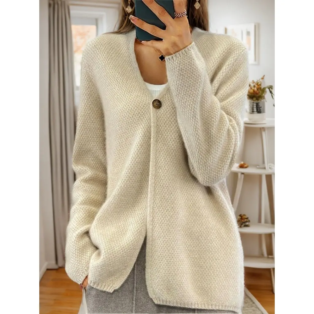 

Women's V-neck Knitted Cardigan Long Sleeve Solid Color Simple One Button Sweater Jacket for Autumn Winter Fashion