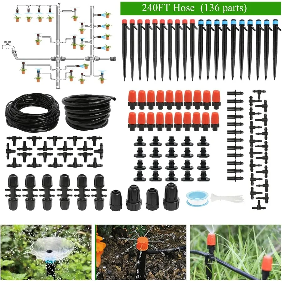 Kit de sistema de riego por goteo de 240 pies, sistema de nebulización automático de riego de jardín para invernadero, patio, césped, planta con manguera de 1 2 pulgadas, 1 4