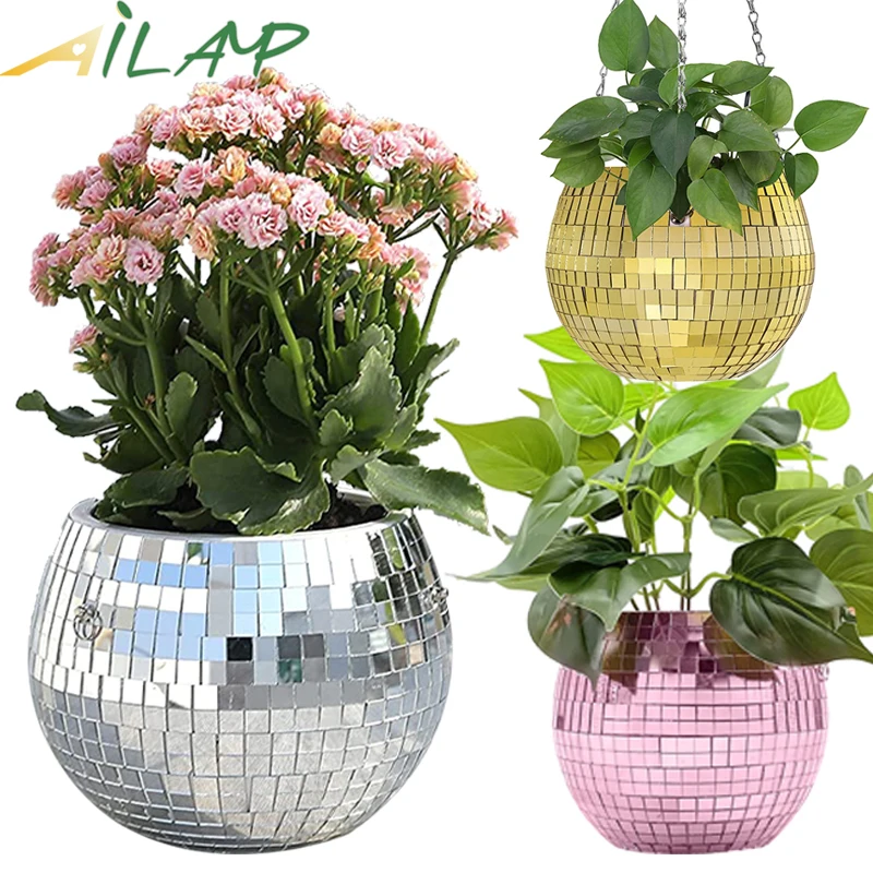 Disco ball planter Mirror reflective hanging chain planter hydroponic flower pot Hook flowerpot garden soil pot planters balcony