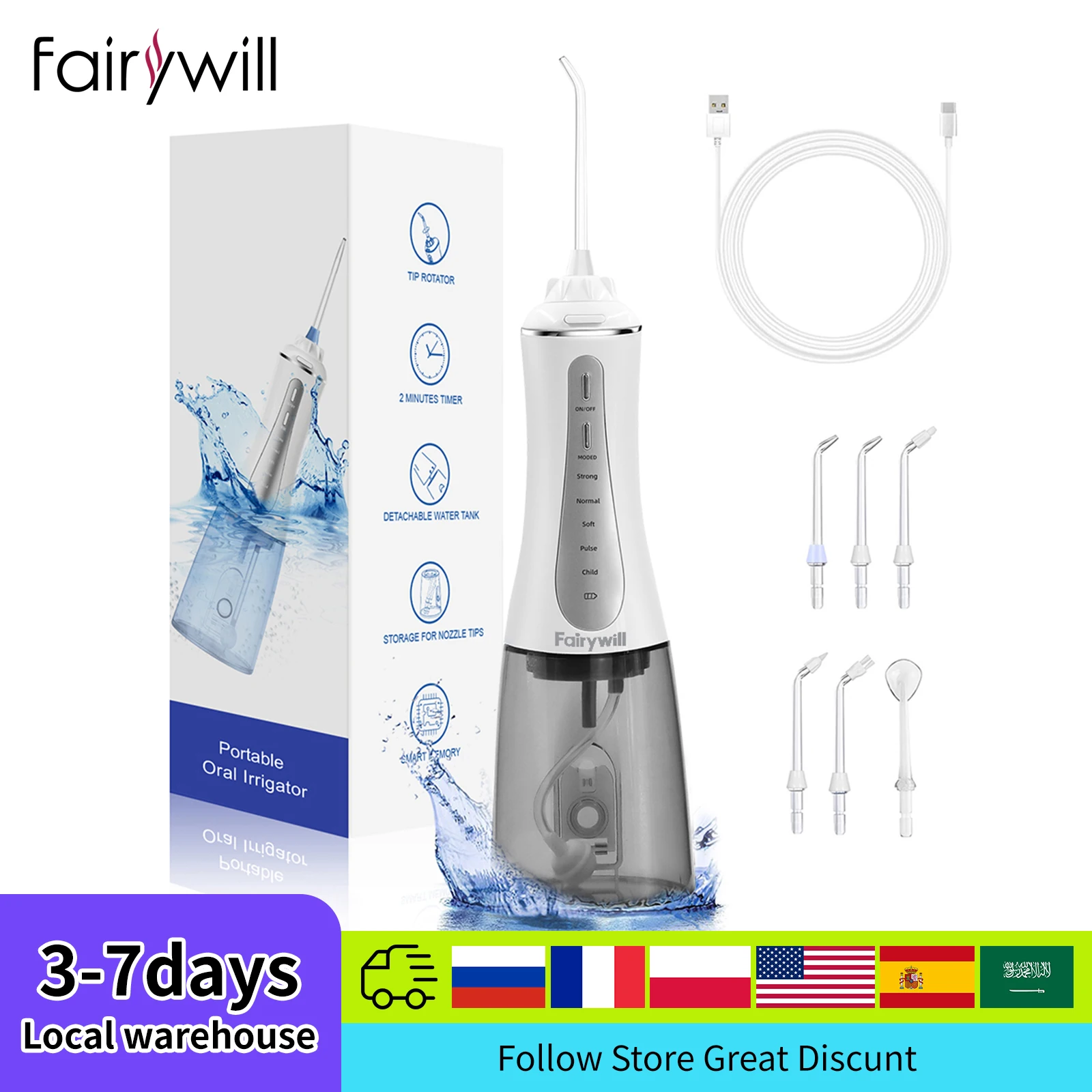 Fairywill Oral Irrigator Water Flosser 5 Modes Portable Dental Water Jet 350ML Water Tank Teeth Cleaner USB Charge Waterproof