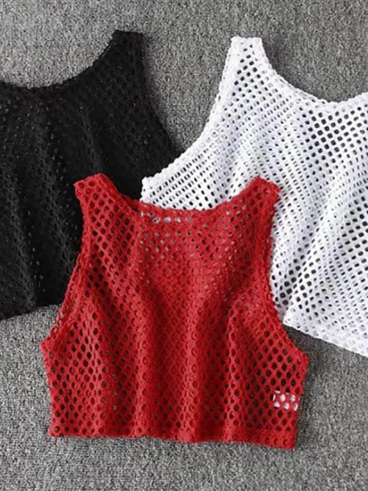 Sexy Black/Red Hollow Out Crop Top 2024 Mesh T-shirt Female Loose Fashion Summer Basic Tops For Women Fishnet Shirt