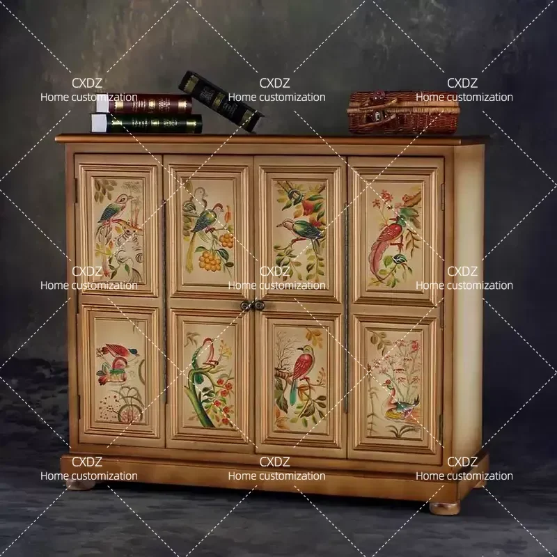 Retro Four Door Shoe Cabinet with Hand Painted Flower and Bird Pattern Foyer Entrance Side Storage Furniture for Home