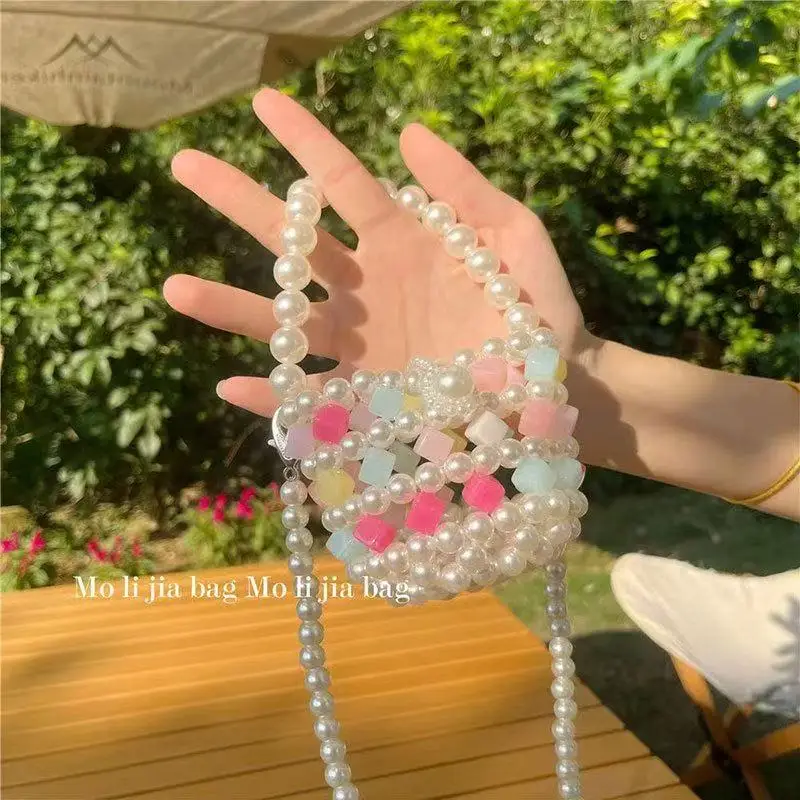 Handmade Pearl Mini Handbag Women's Crossbody Fashionable Candy Color Woven Bead Basket Handheld Basket from Mainland China