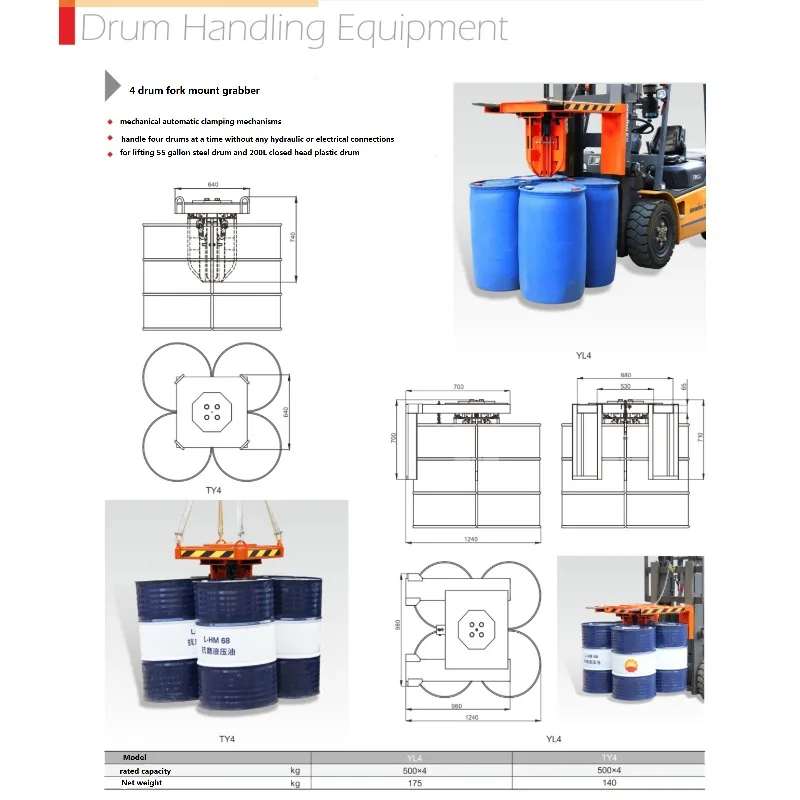 4 Drum Fork Mount Automatic Drum Clamping Lifter Mechanical Grabber Forklift Attachment - Easy Drum Lift Solution