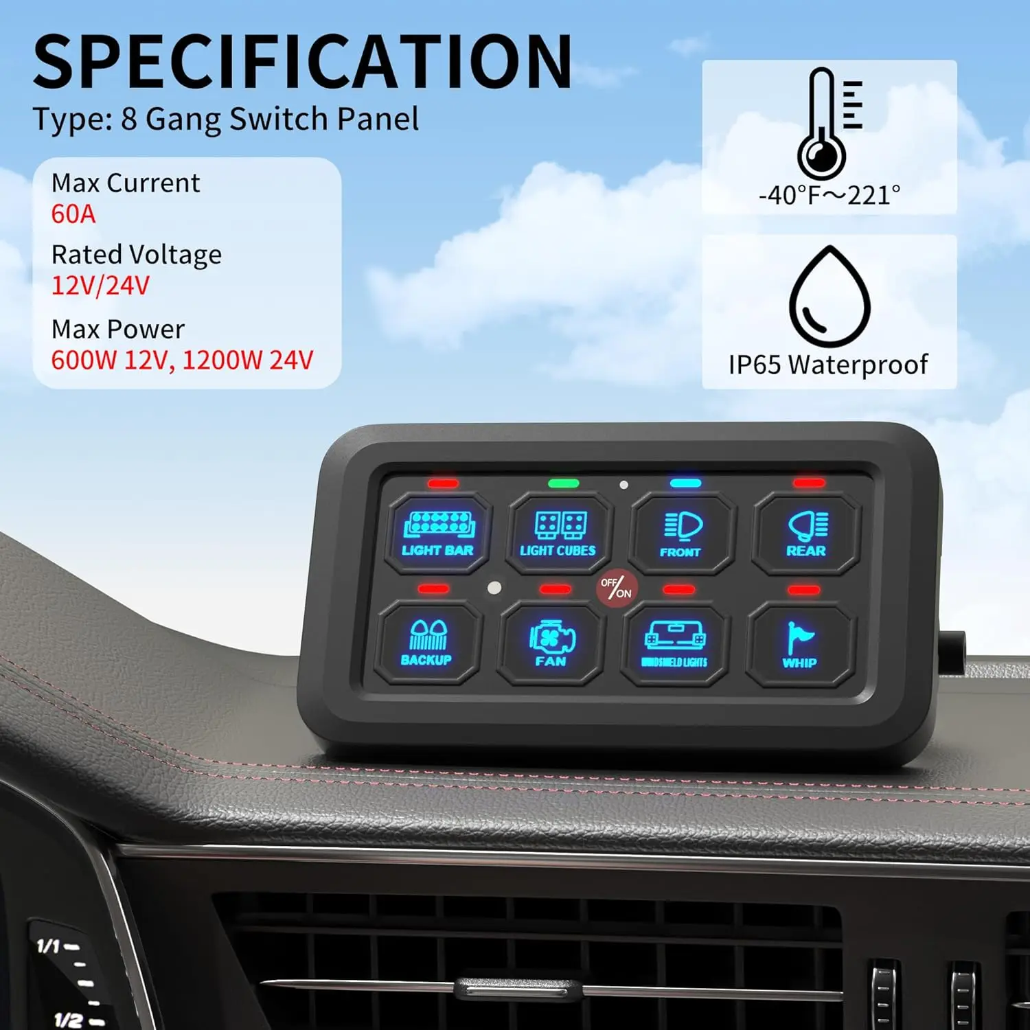 8 Gang Switch Panel RGB LED Lighted Multi-Function Switch Pod Panel Dimmable for Car ATV UTV Boat Marine