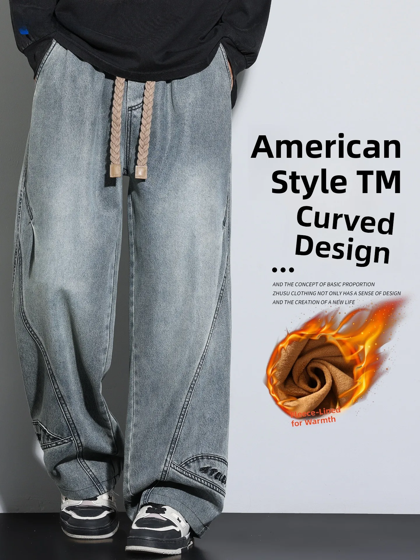 

Мужские осенне-зимние джинсы с начесом, широкие, с вышивкой, свободного кроя, повседневные, прямые брюки-трубы