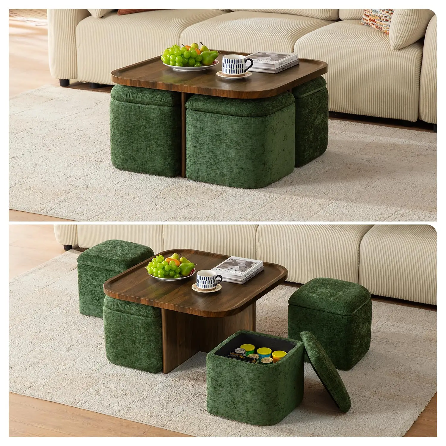 Square Coffee Table With 4 Storage Ottoman Stools Underneath, Customized