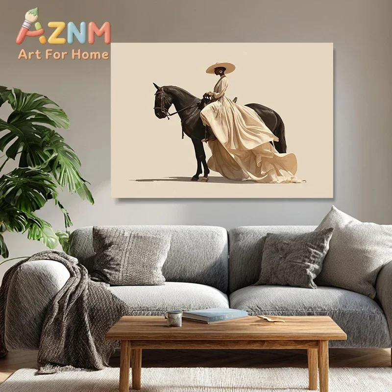 AZNM Elegant Black Cowgirl Canvas Wall Art Woman Riding Horse Vintage Beige Tone Illustration Print Unframed Canvas Poster for L