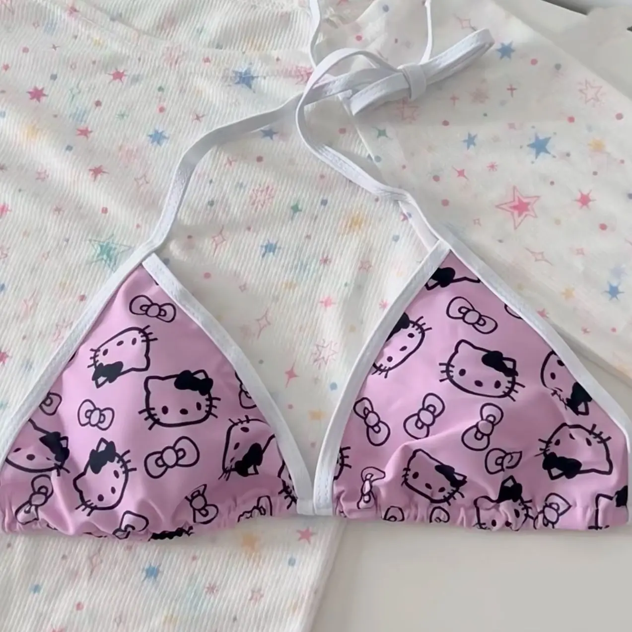 Hello Kitty 2-częściowy Bikini Anime Kuromi Y2K dziewczyny seksowny Halterneck strój kąpielowy damski regulowany strój kąpielowy biustonosz