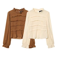 Camisa versátil de moda para mujer, estilo europeo y americano, con cuello de encaje plisado y manga larga.