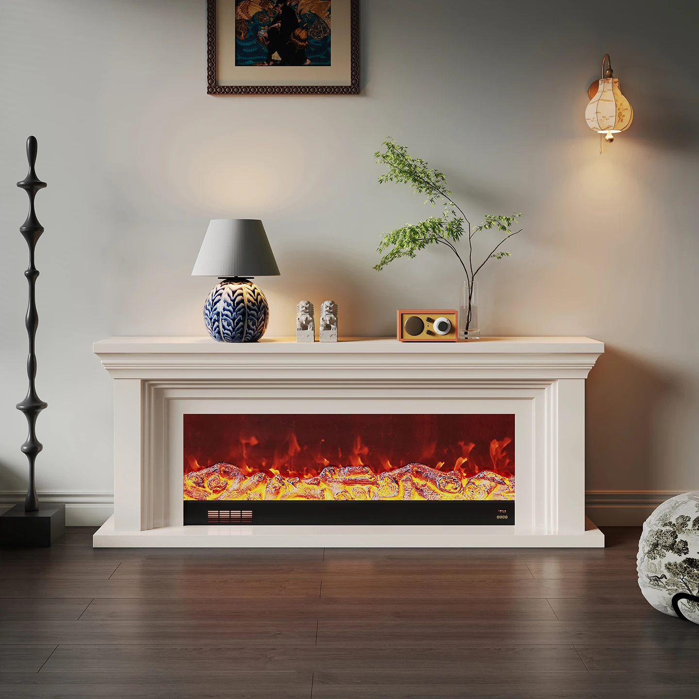 French-Style Luxurious Quality Cream-Colored Solid Wood Fireplace TV Cabinet Integrated Antique Fireplace Frame Decorate Living
