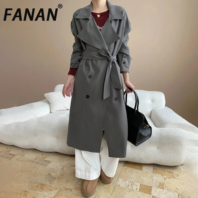 

FANAN Elegant Long Trench For Women Lapel Double Breasted Belt Gathered Waist Temperament Windbreaker Female 2025 Autumn New