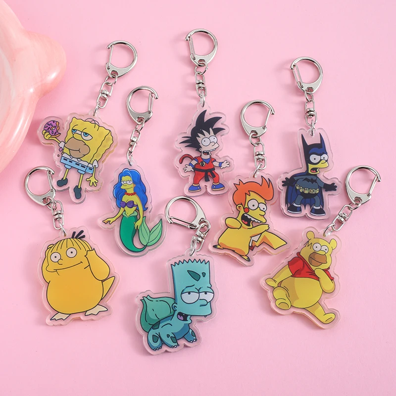 Simpsons Anime Lilo and Stitch Pendant Keychains Holder Car Key Chain Key Ring Mobile Phone Bag Hanging Jewelry Gifts