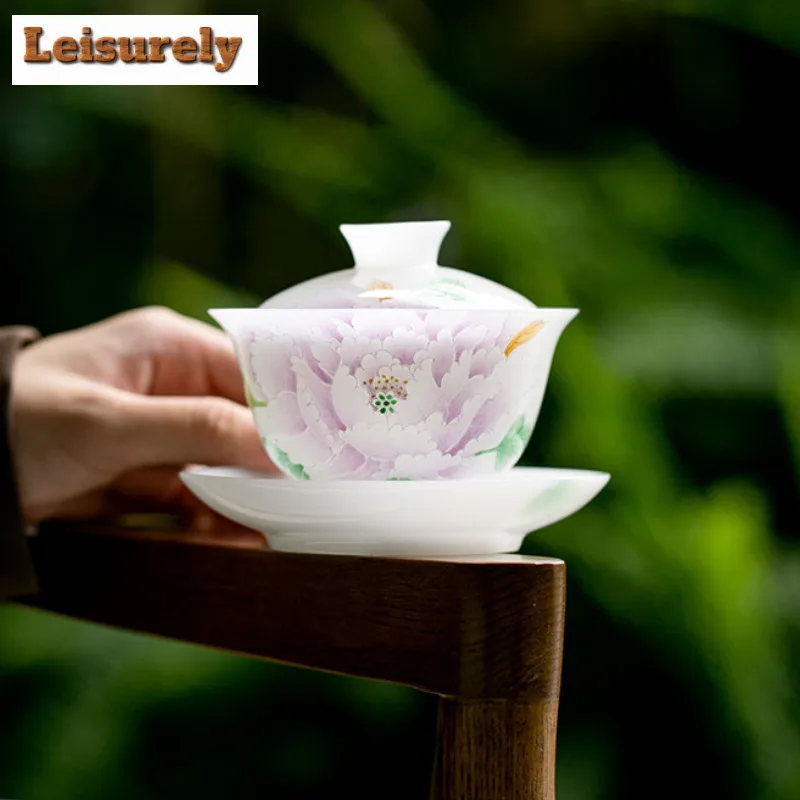 

140ml White Jade Porcelain Hand-painted Peony Gaiwan Aesthetic Tea Tureen Tea Bowl With Lid Kit Tea Maker Cover Bowl Cafes Craft