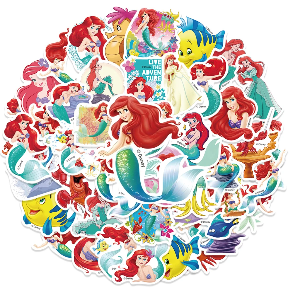 50pcs Cute Disney The Little Mermaid Stickers Kawaii Princess Ariel Cartoon Decals Waterproof Graffiti Stationery Luggage Bike